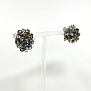 Vintage 60s Beaded Earrings Smokey Holographic Bead Clip On's